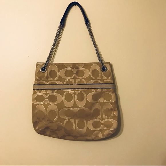 Coach Handbags - Coach Poppy Signature Metallic Jacquard Khaki Chain Purse Tote Bag